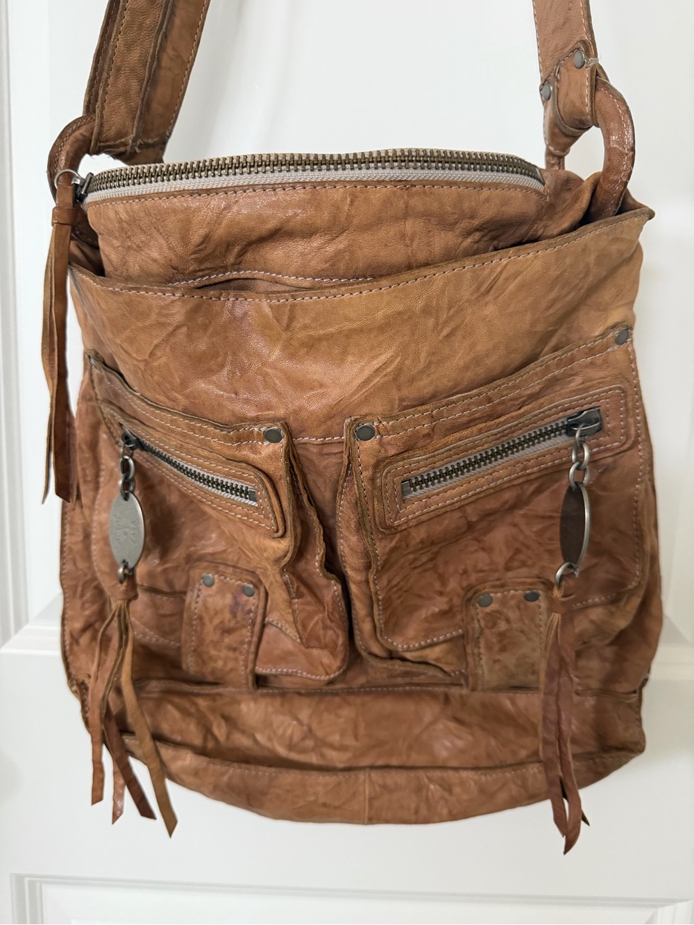 Juicy Couture Tan Brown Leather Shoulder Bag with Tassel Accents